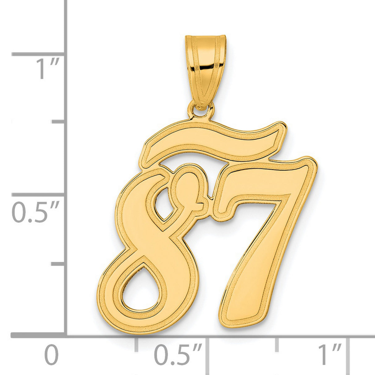 Brushed Border Script Number 87 Charm Pendant in Real 14k Yellow Gold