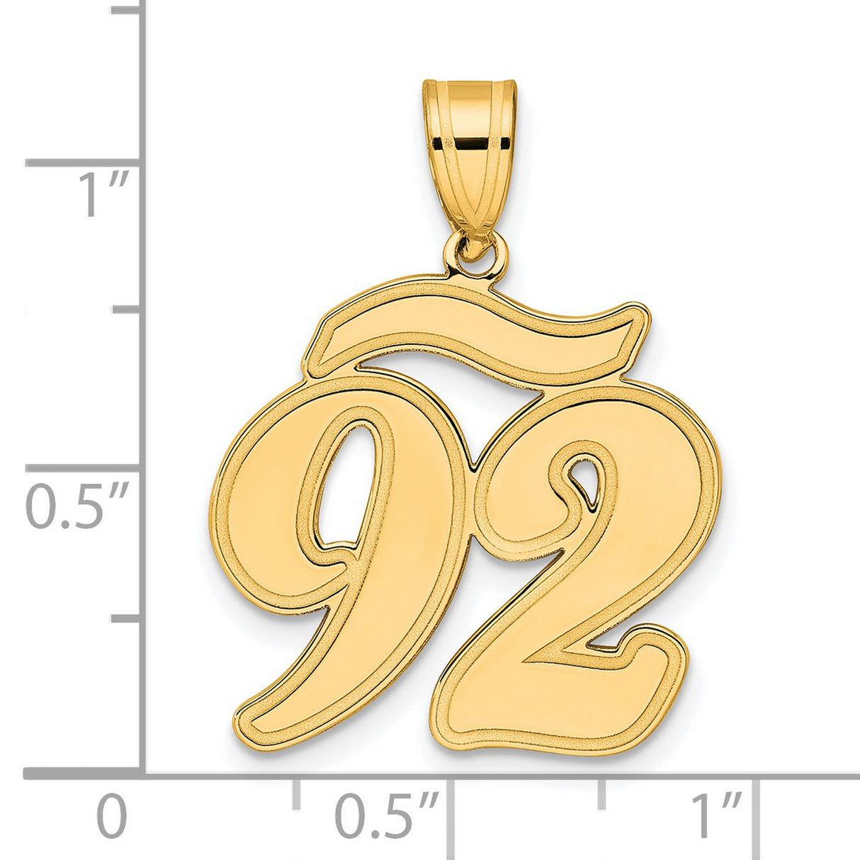 Brushed Border Script Number 92 Charm Pendant in Real 14k Yellow Gold