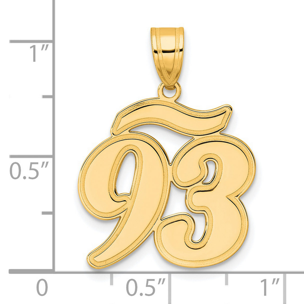 Brushed Border Script Number 93 Charm Pendant in Real 14k Yellow Gold