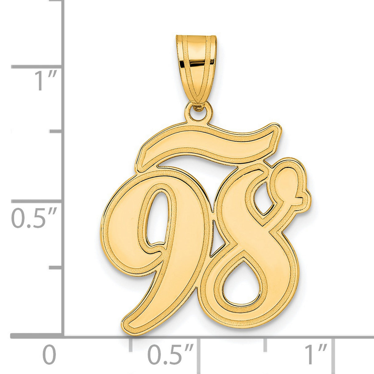 Brushed Border Script Number 98 Charm Pendant in Real 14k Yellow Gold