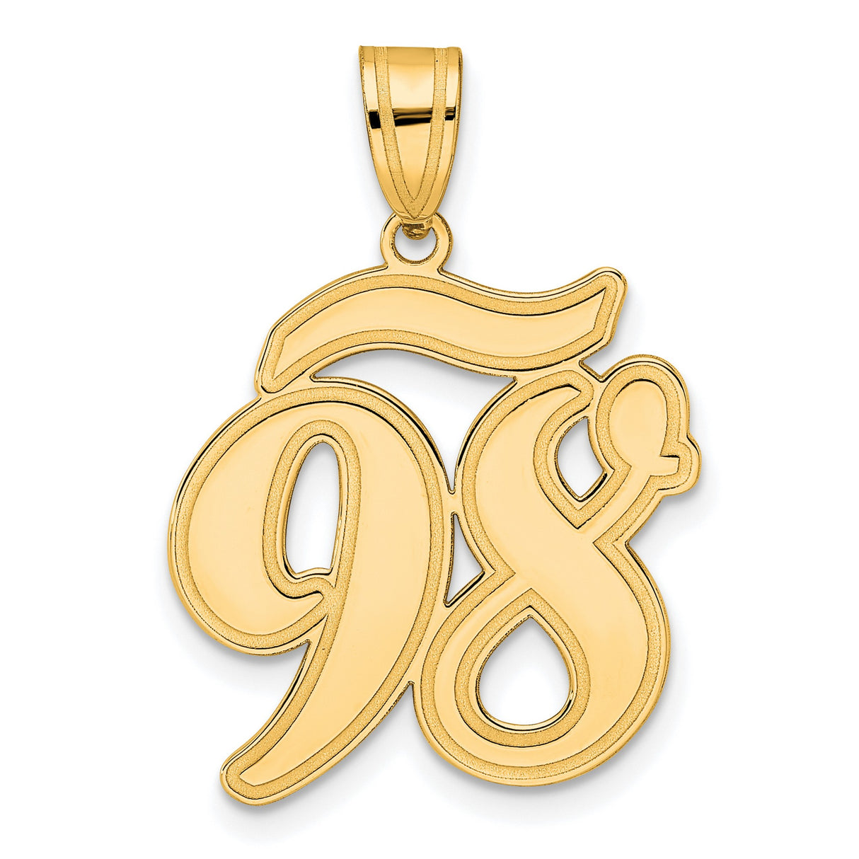 Brushed Border Script Number 98 Charm Pendant in Real 14k Yellow Gold