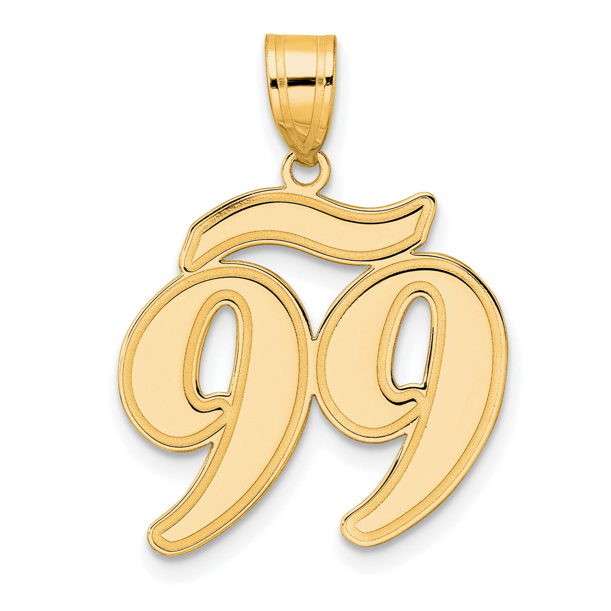 Brushed Border Script Number 99 Charm Pendant in Real 14k Yellow Gold