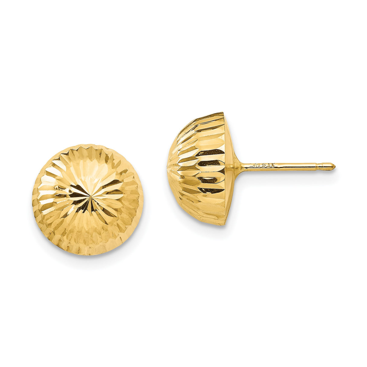 14k Yellow Gold Dome Stud Earrings, Diamond Cut Textured Design, Lightweight Minimalist Style