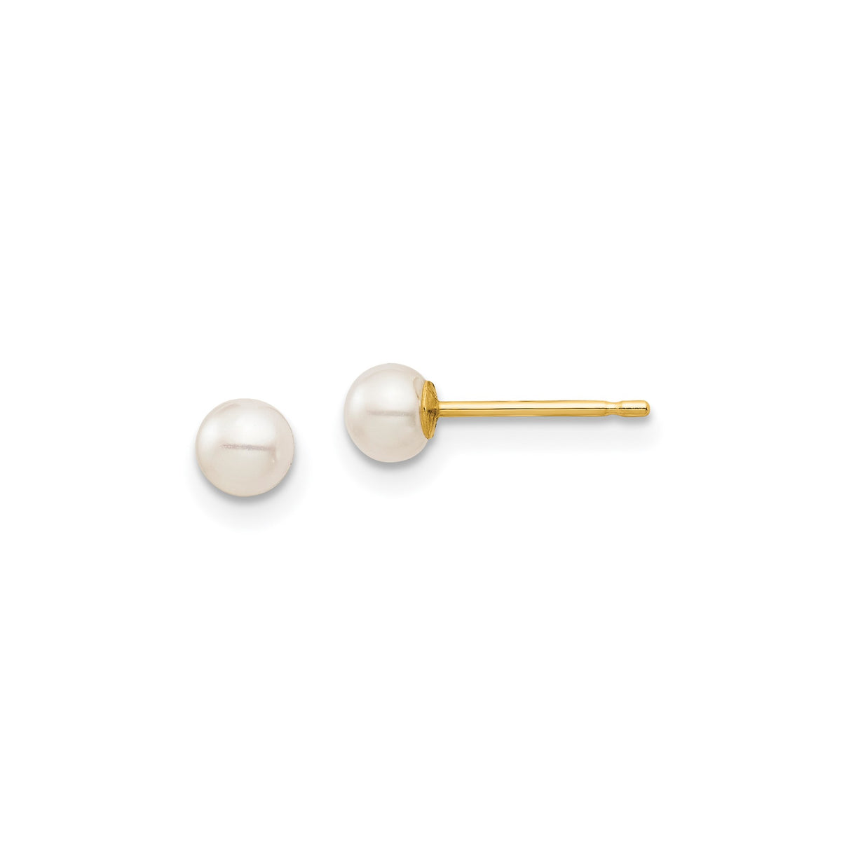 14k Yellow Gold Stud Earrings with Round White Cultured Pearls, Classic Bridal Jewelry