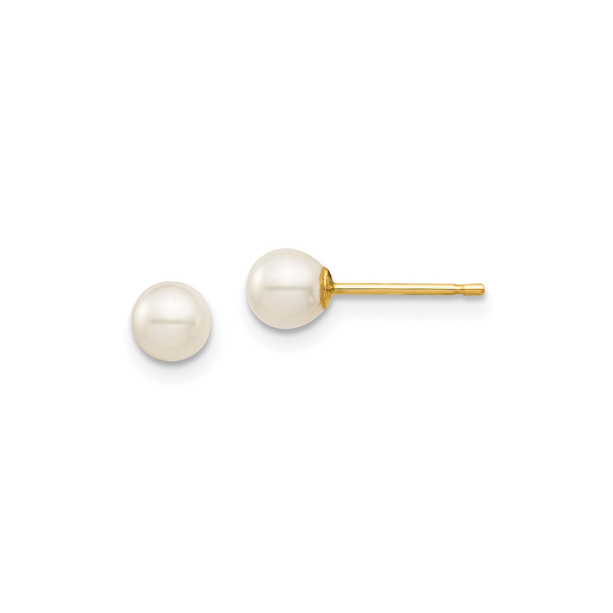 14k Yellow Gold Pearl Stud Earrings with Round White Cultured Pearls, Classic Minimalist Design
