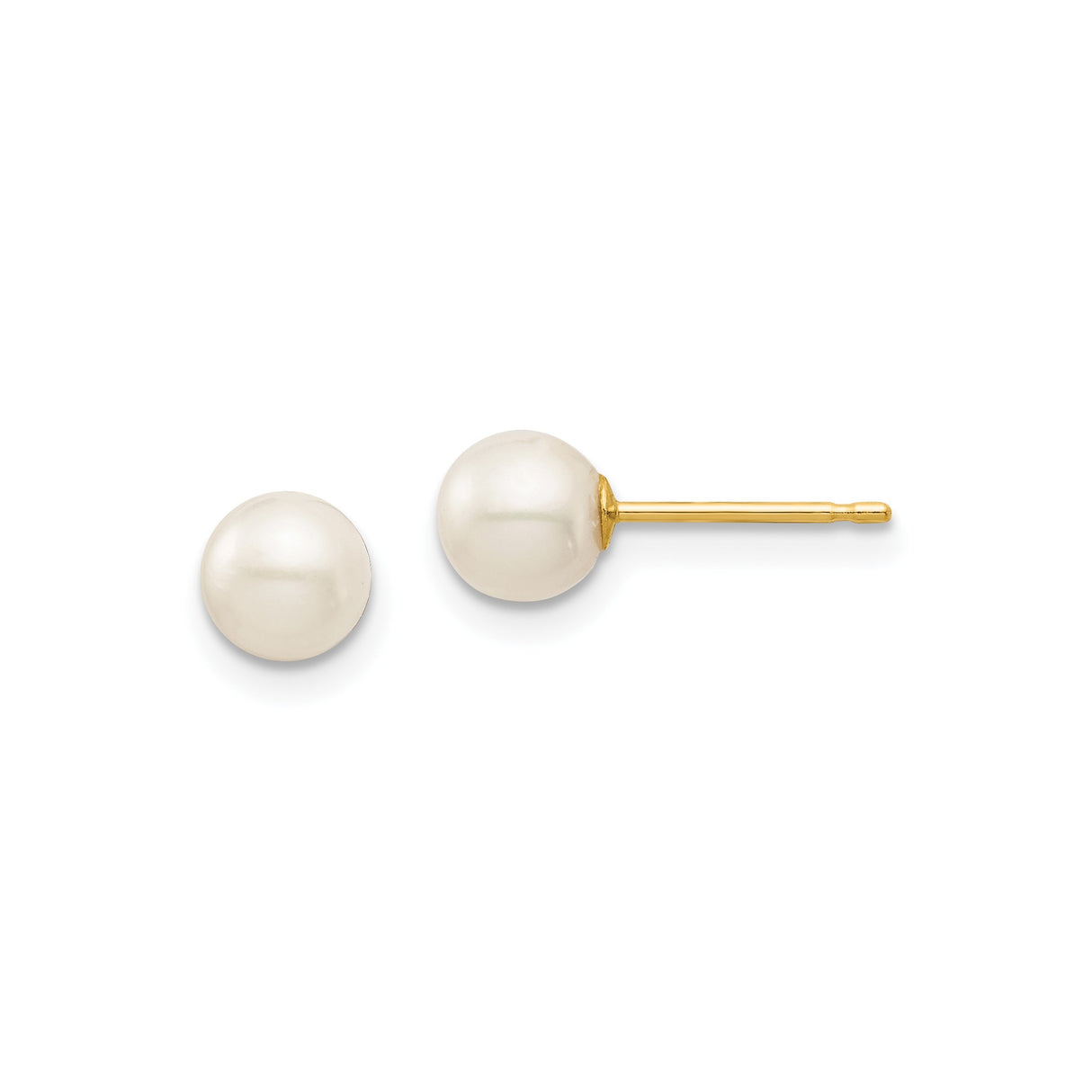 14k Yellow Gold Pearl Stud Earrings, Round White Cultured Pearls, Classic Minimalist Design