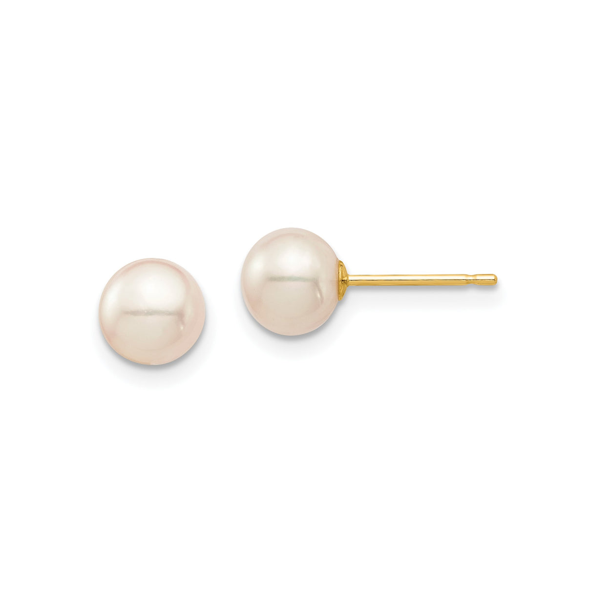 14k Yellow Gold Pearl Stud Earrings with White Round Freshwater Pearls, Classic Minimalist Design
