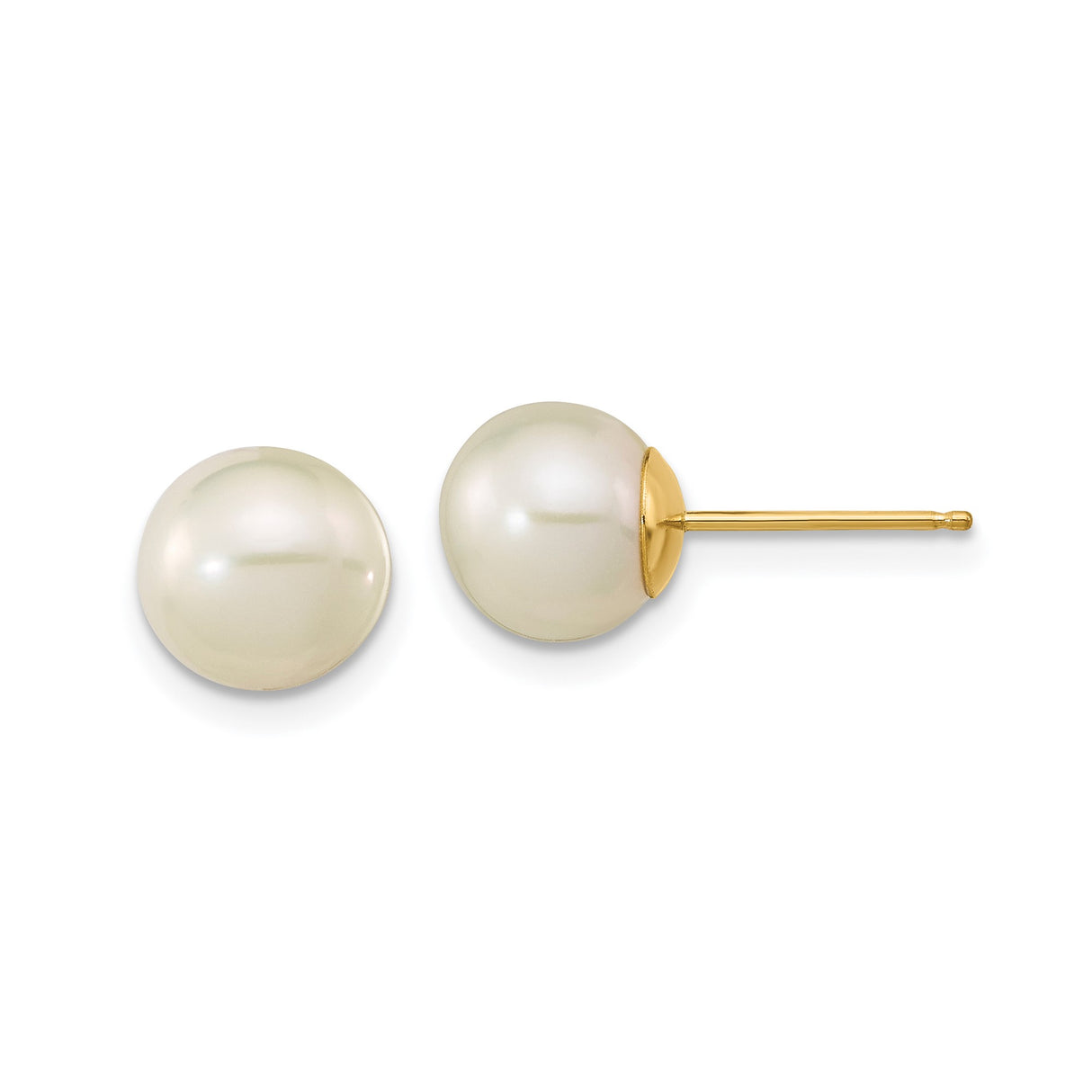 14k Yellow Gold Pearl Stud Earrings with Round White Freshwater Pearls, Classic Minimalist Style