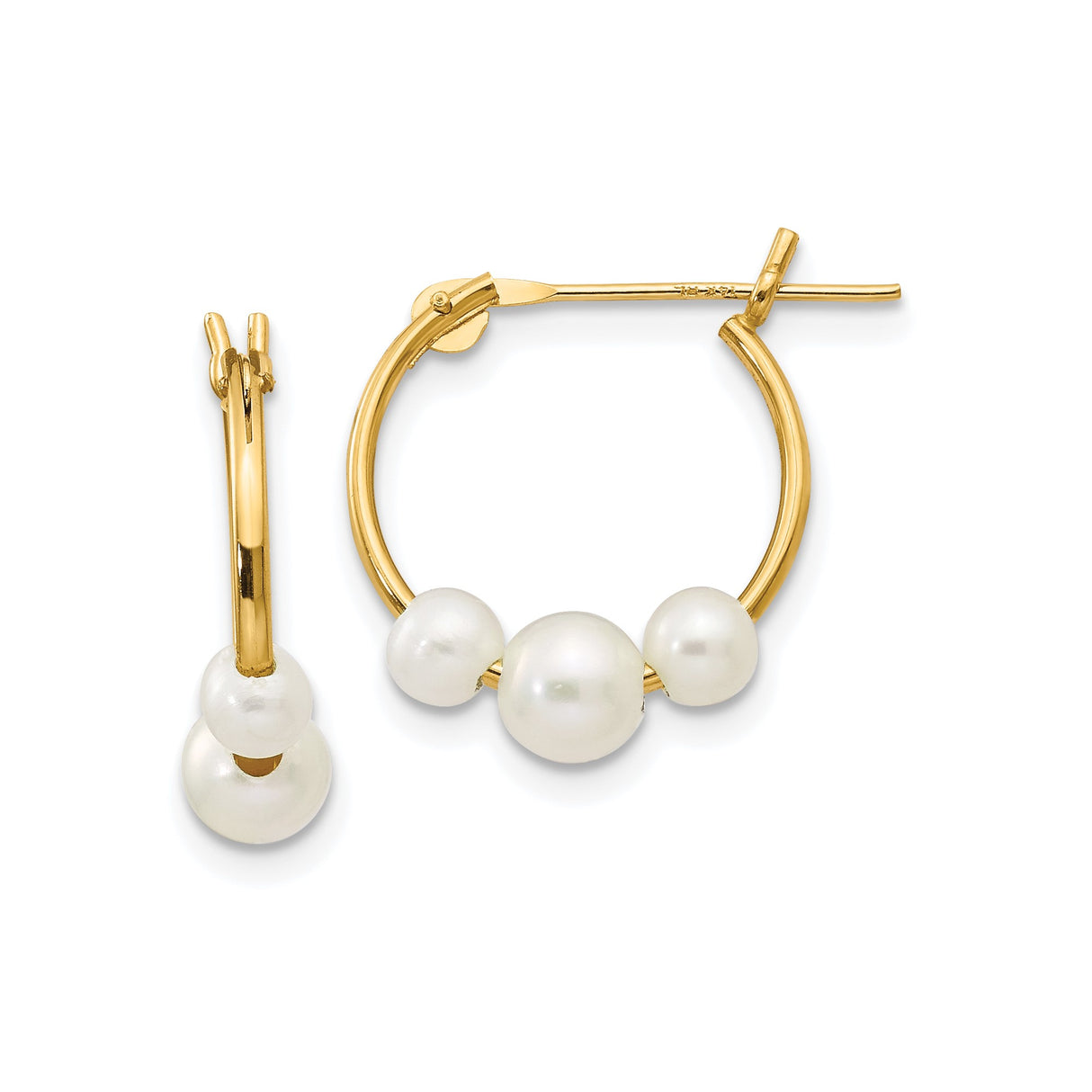 14k Yellow Gold Hoop Earrings with Three White Freshwater Cultured Pearls