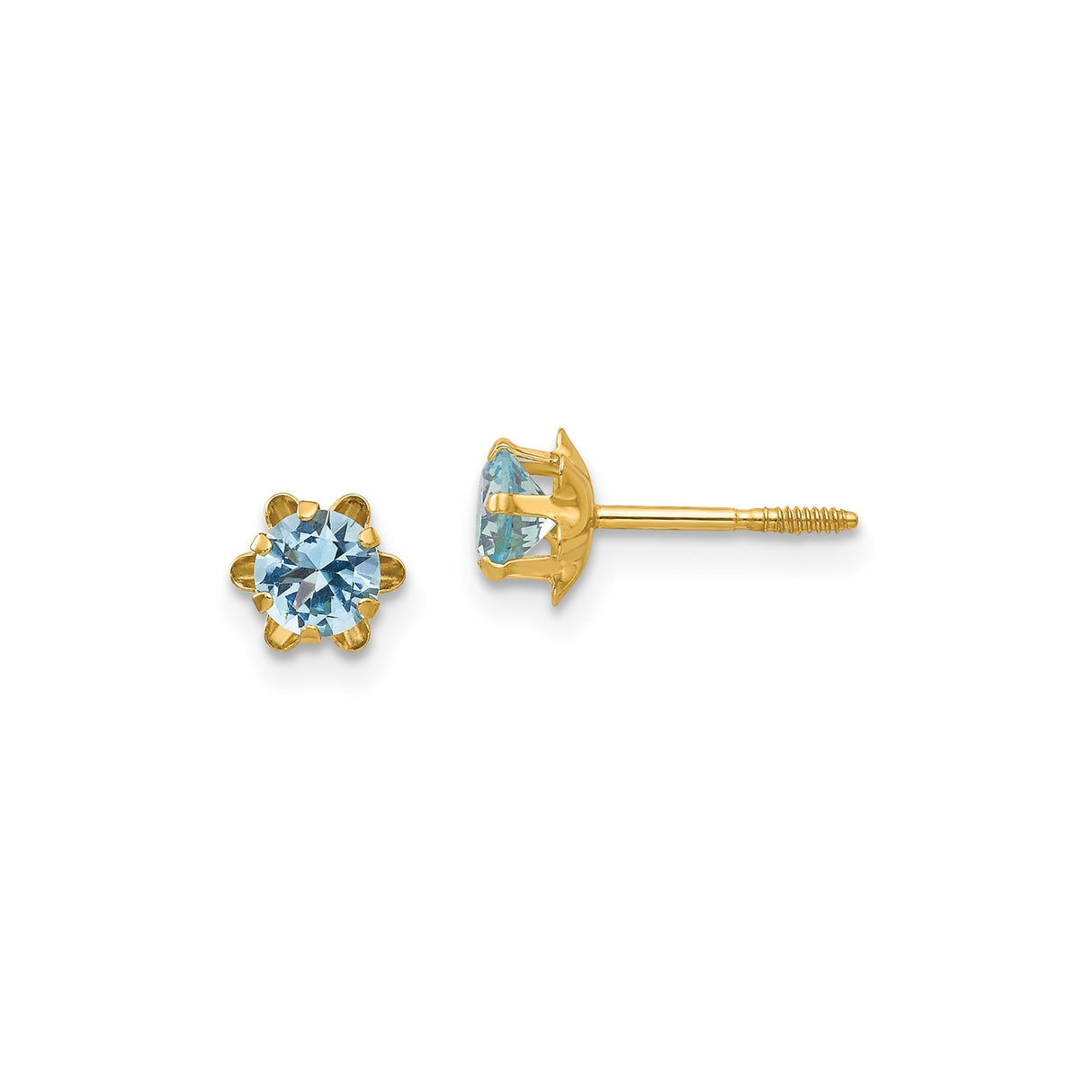 14k Yellow Gold Stud Earrings with Light Blue Cubic Zirconia in Floral Setting
