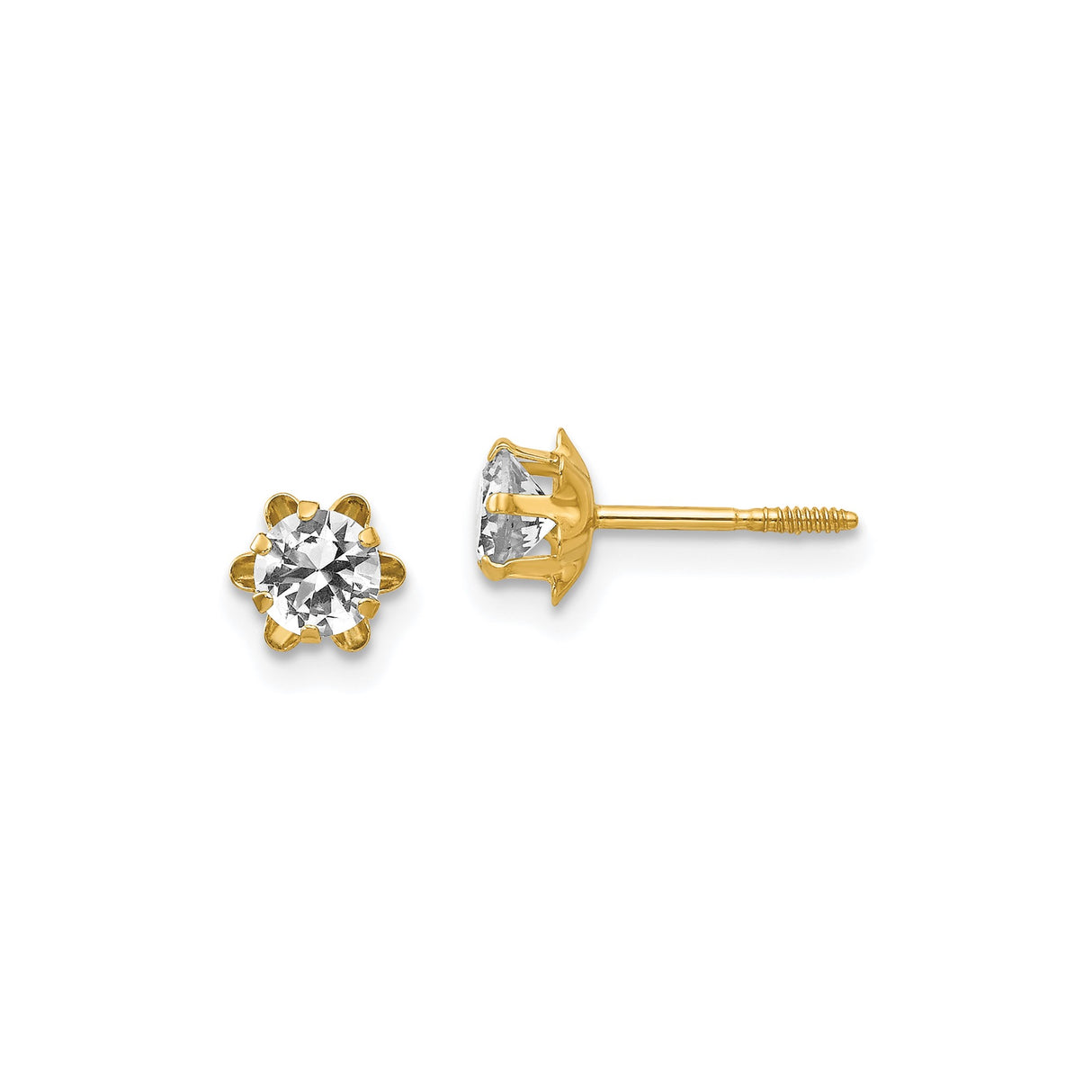14k Yellow Gold Stud Earrings with Cubic Zirconia in Six-Prong Floral Setting