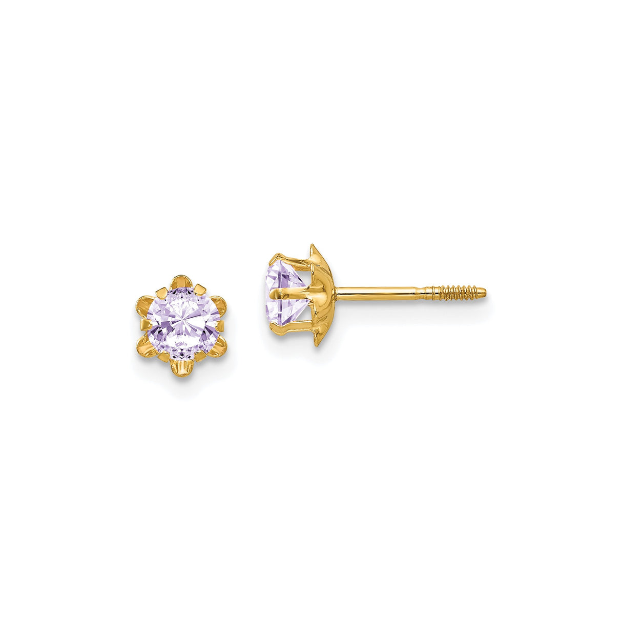 14k Yellow Gold Flower Stud Earrings with Lavender Cubic Zirconia, Screw Back