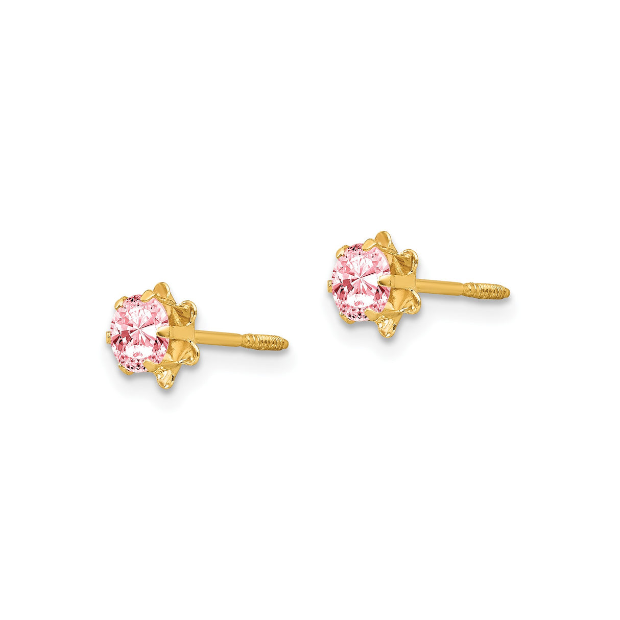 14k Yellow Gold Stud Earrings with Pink Cubic Zirconia in Floral Design for Women