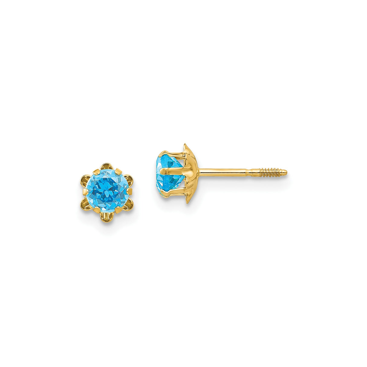 14k Yellow Gold Stud Earrings with Round Cubic Zirconia, Floral Design, Dainty for Women