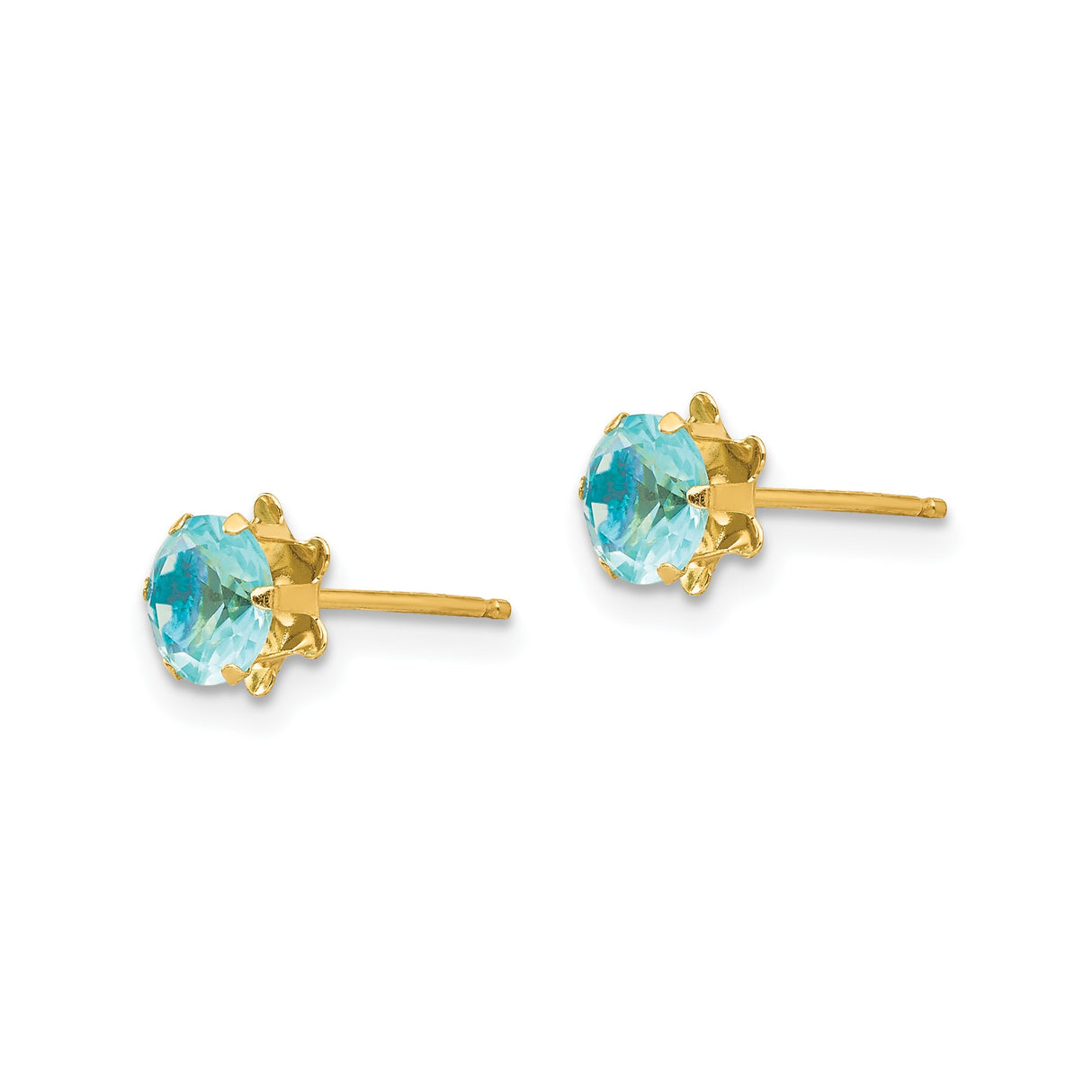14k Yellow Gold Stud Earrings with Round Aquamarine Cubic Zirconia, Six Prong Setting
