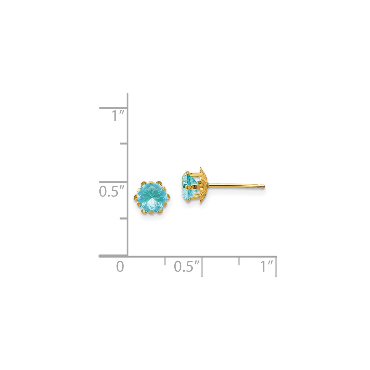 14k Yellow Gold Stud Earrings with Round Aquamarine Cubic Zirconia, Six Prong Setting