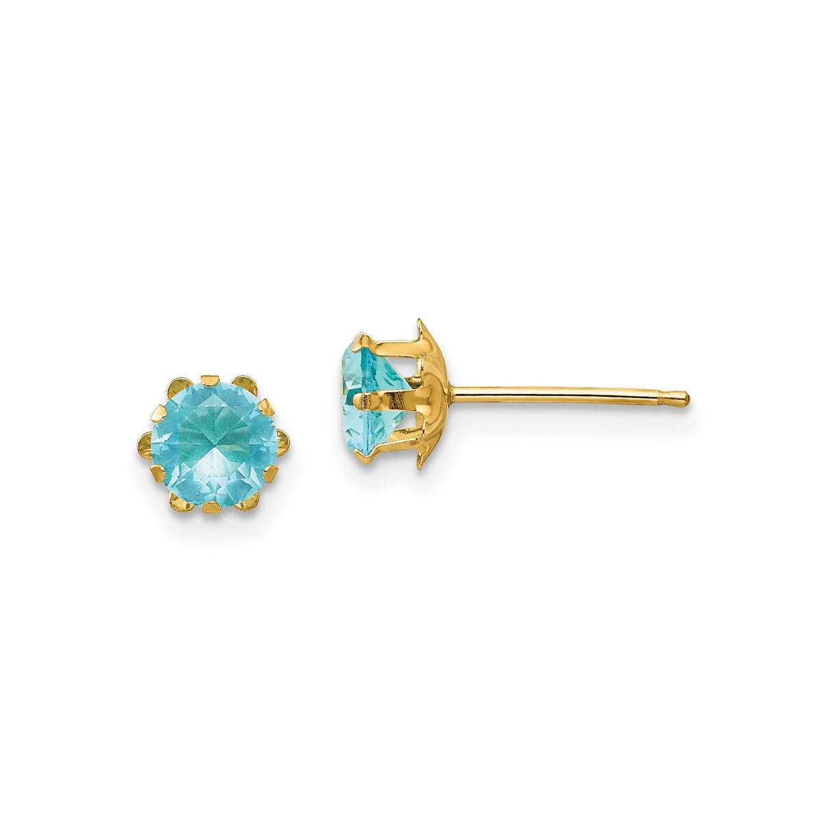 14k Yellow Gold Stud Earrings with Round Aquamarine Cubic Zirconia, Six Prong Setting