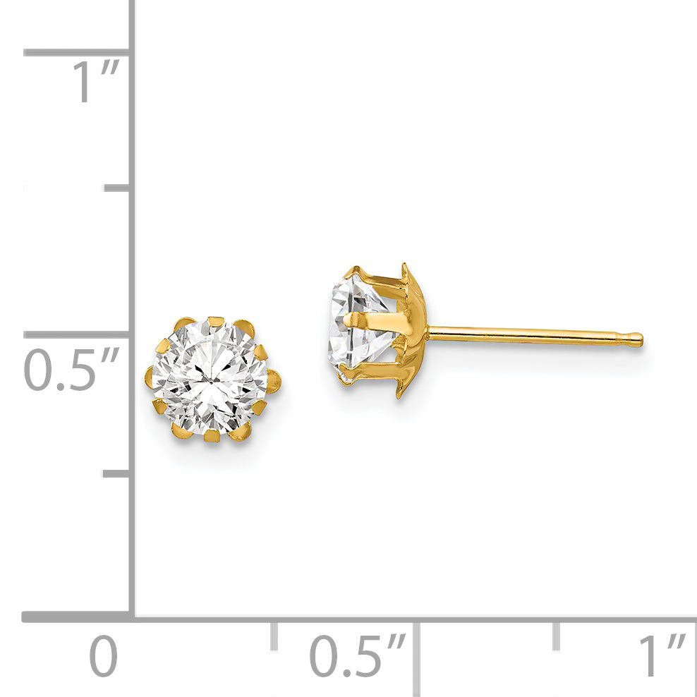 14k Yellow Gold Stud Earrings with Round Cut Cubic Zirconia in 6 Prong Solitaire Setting