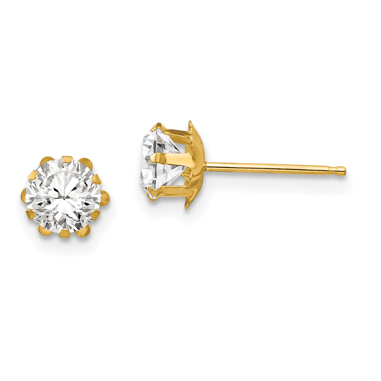 14k Yellow Gold Stud Earrings with Round Cut Cubic Zirconia in 6 Prong Solitaire Setting