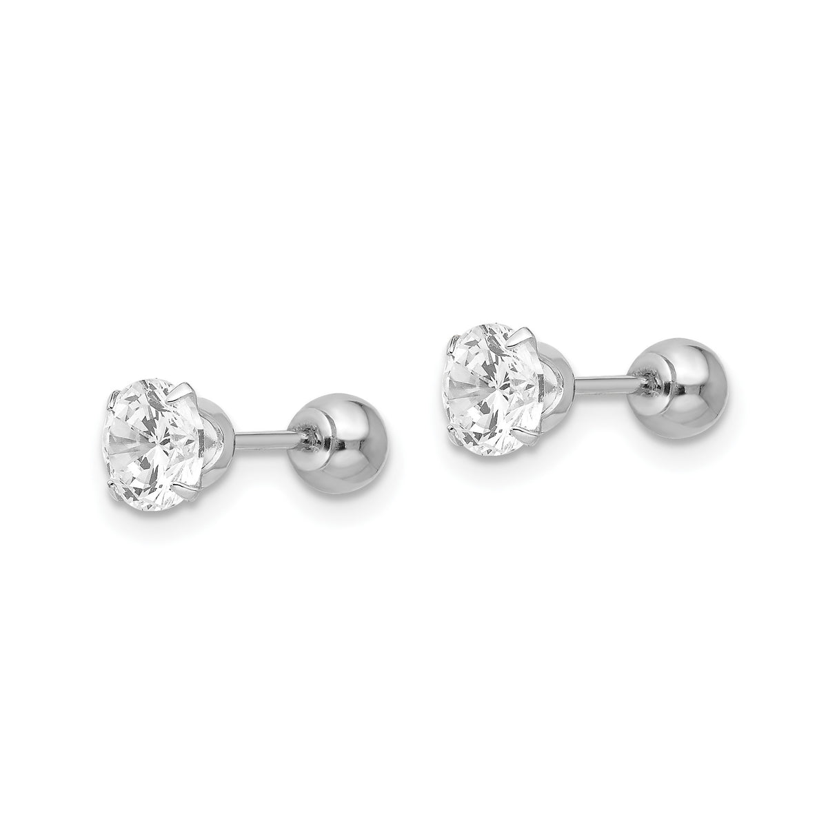 14k White Gold Stud Earrings with Cubic Zirconia in Four Prong Setting, Screw Back