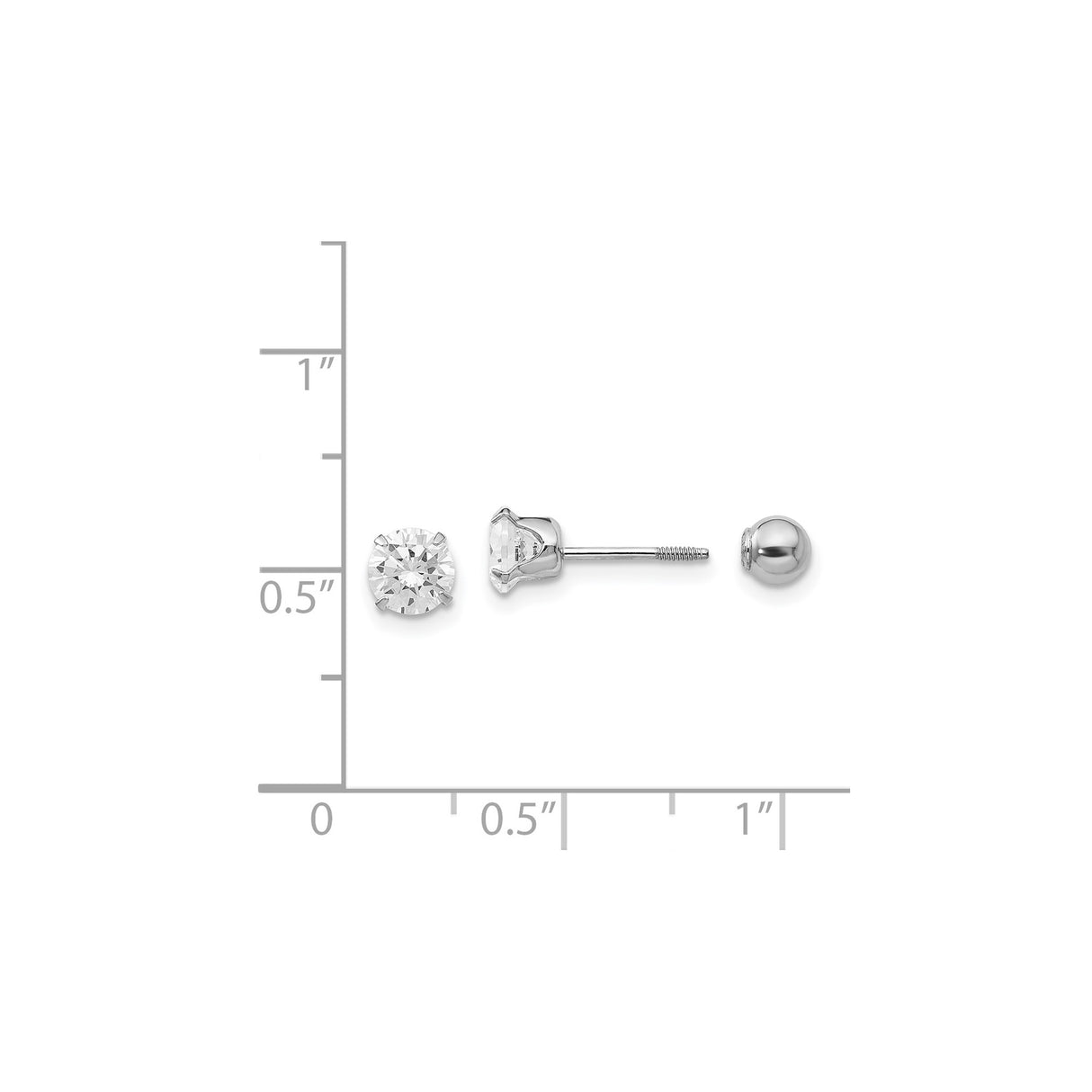 14k White Gold Stud Earrings with Cubic Zirconia in Four Prong Setting, Screw Back