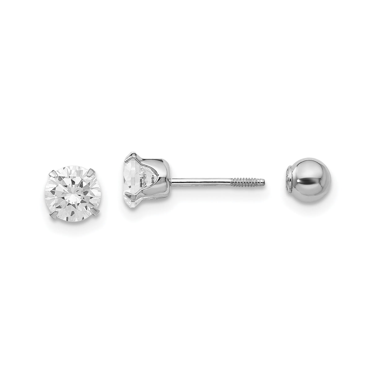 14k White Gold Stud Earrings with Cubic Zirconia in Four Prong Setting, Screw Back