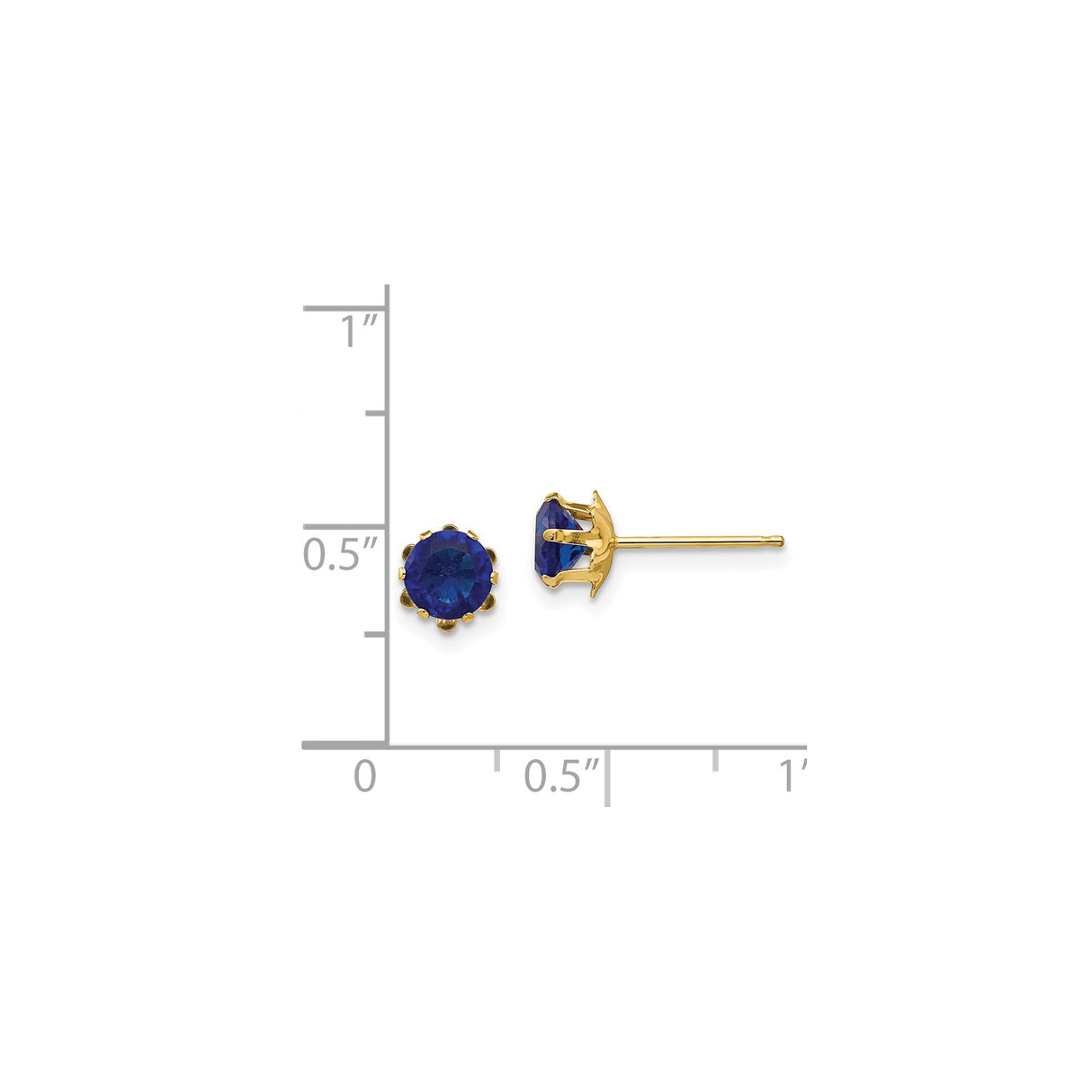 14k Yellow Gold Stud Earrings with Cubic Zirconia, Deep Blue Round Cut, Scalloped Prong Setting