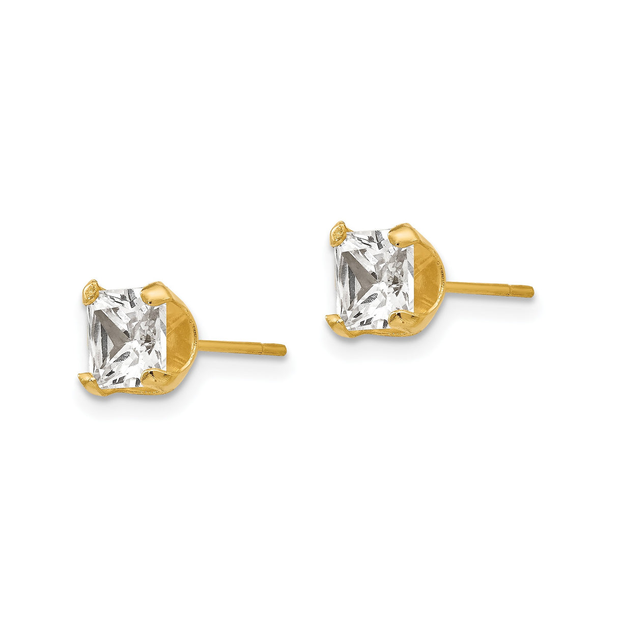 14k Yellow Gold Stud Earrings with Cushion Cut Clear Cubic Zirconia, Classic Four Prong Setting