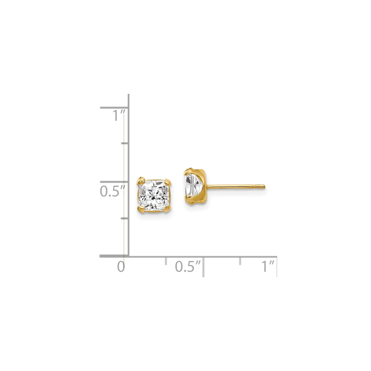14k Yellow Gold Stud Earrings with Cushion Cut Clear Cubic Zirconia, Classic Four Prong Setting