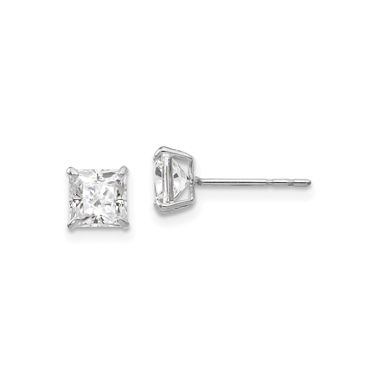 14k White Gold Stud Earrings with Princess Cut Cubic Zirconia in Solitaire Setting