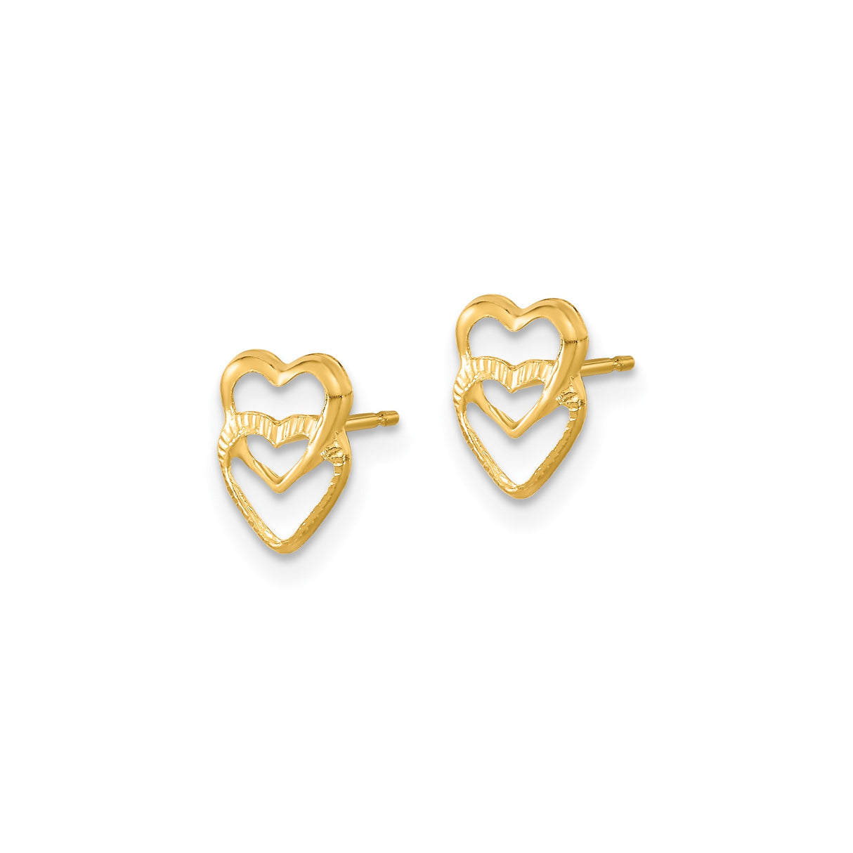 14k Yellow Gold Heart Stud Earrings with Double Open Heart and Textured Inner Design