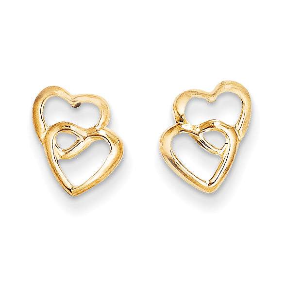 14k Yellow Gold Stud Earrings with Open Interlocking Double Heart Design
