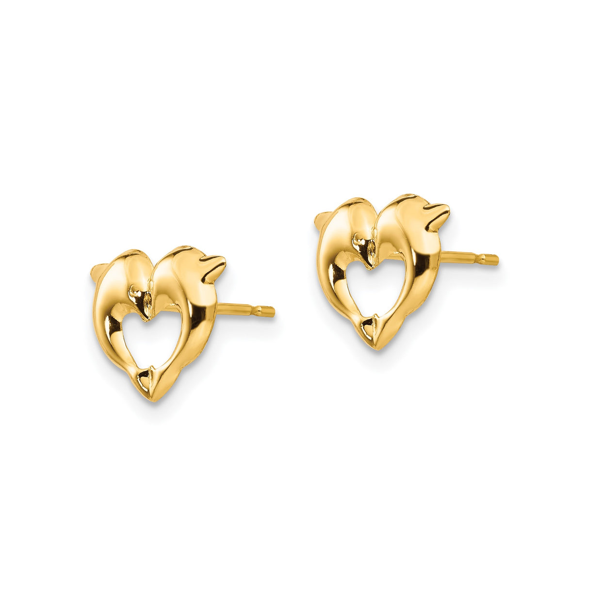 14k Yellow Gold Dolphin Heart Stud Earrings, Marine Animal Design for Women