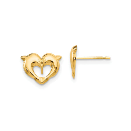 14k Yellow Gold Dolphin Heart Stud Earrings, Marine Animal Design for Women