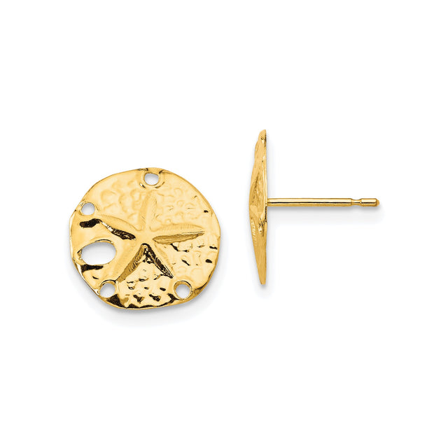 14k Yellow Gold Sand Dollar Stud Earrings, Nautical Sea Life Design for Women