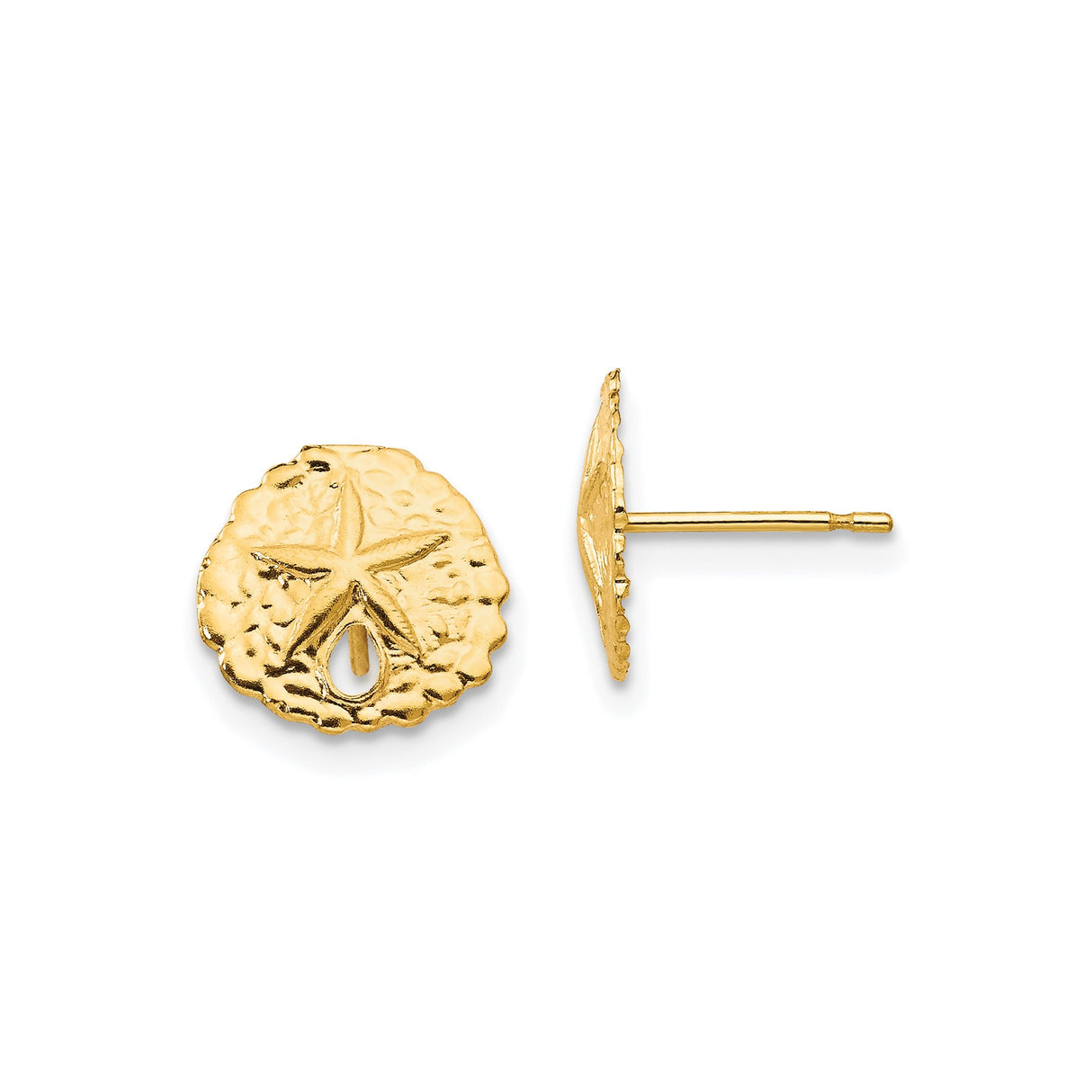 14k Yellow Gold Sand Dollar Stud Earrings with Starfish Design, Nautical Coastal Theme