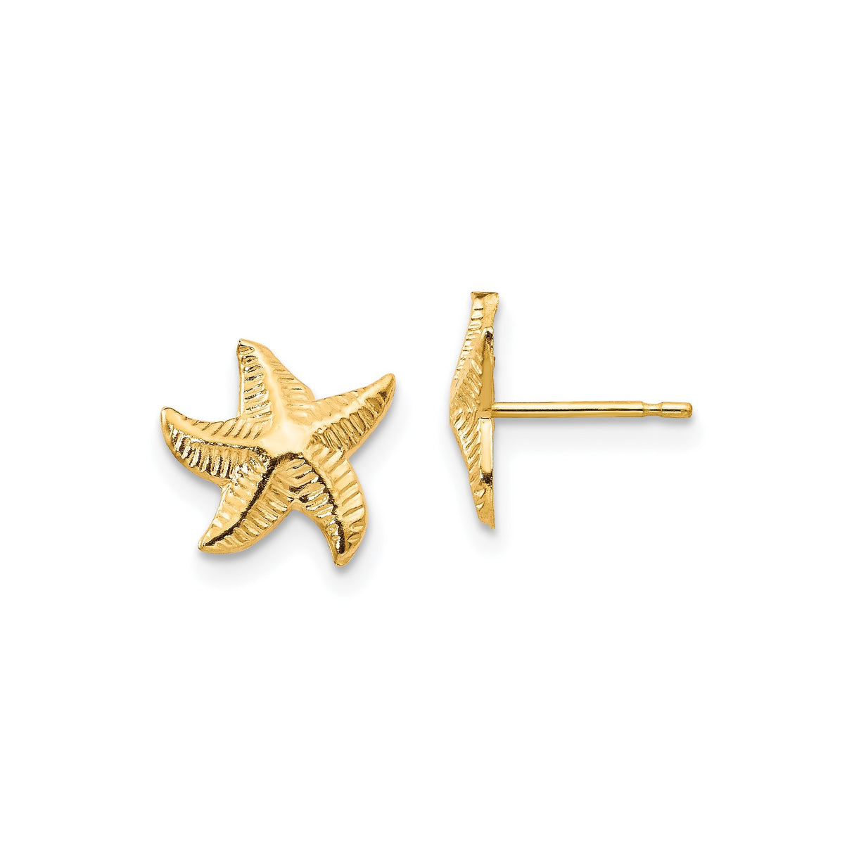 14k Yellow Gold Starfish Stud Earrings, Textured Nautical Ocean Design for Women