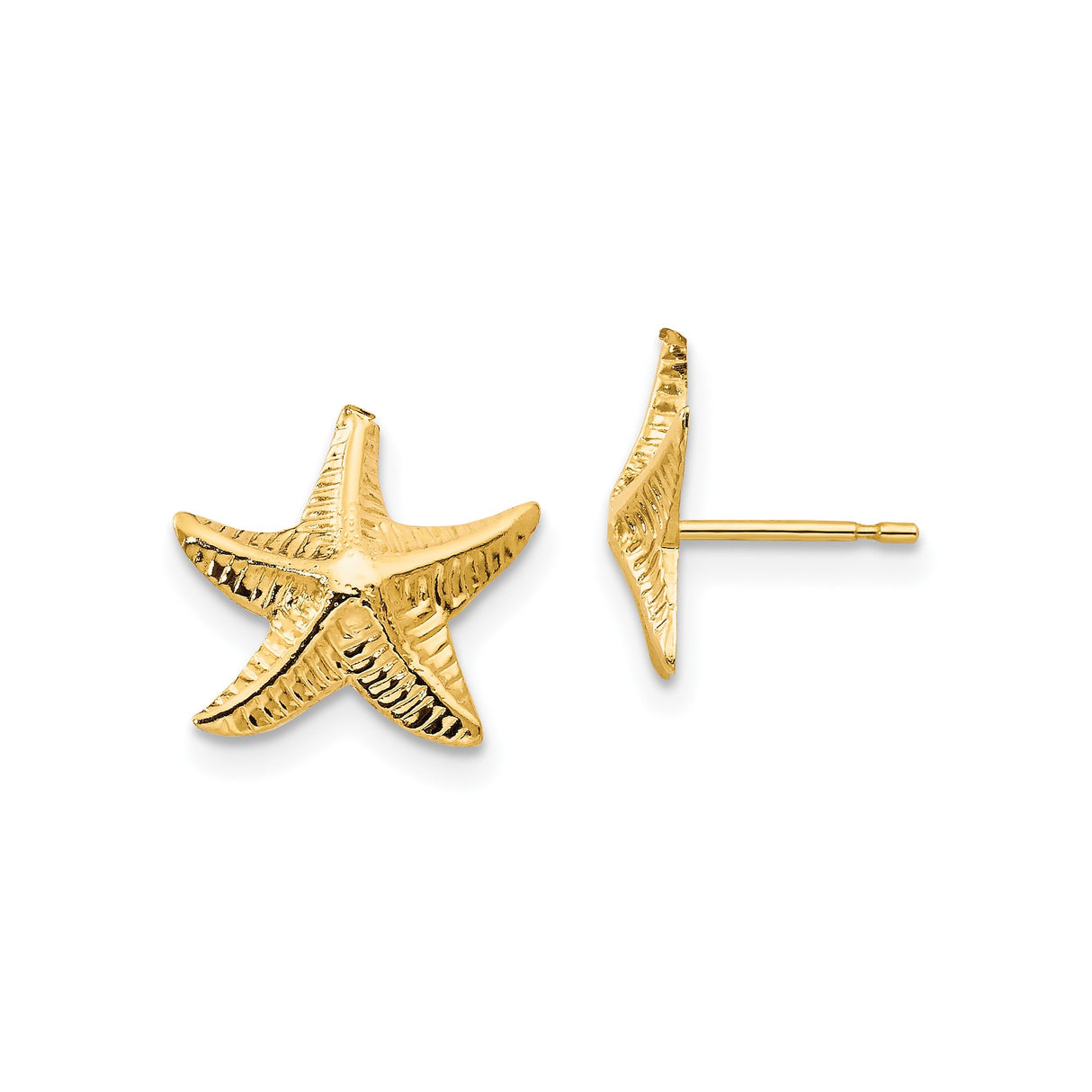 14k Yellow Gold Starfish Stud Earrings, Textured Nautical Coastal Design for Women