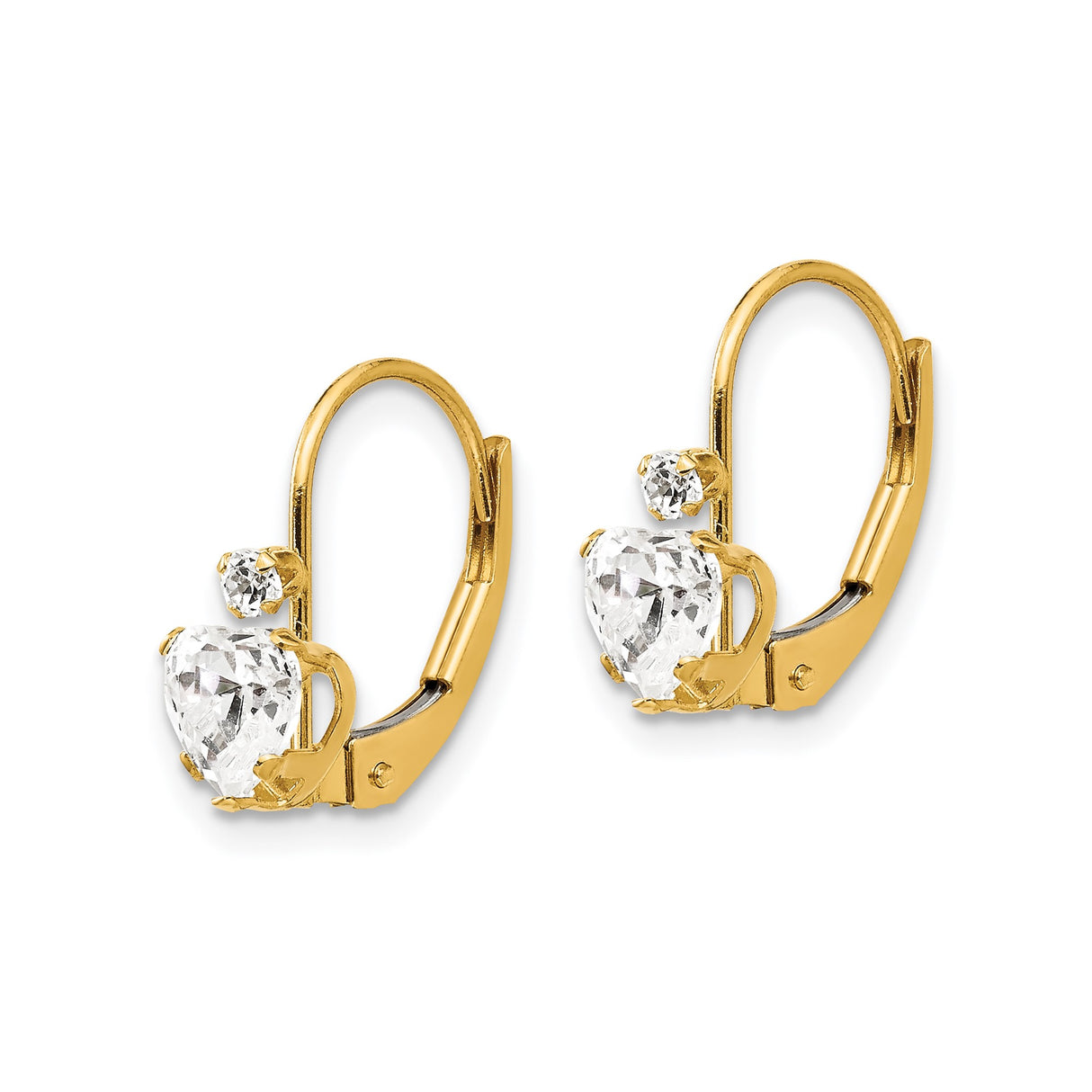14k Yellow Gold Leverback Earrings with Heart Shaped Cubic Zirconia, Romantic Jewelry for Women