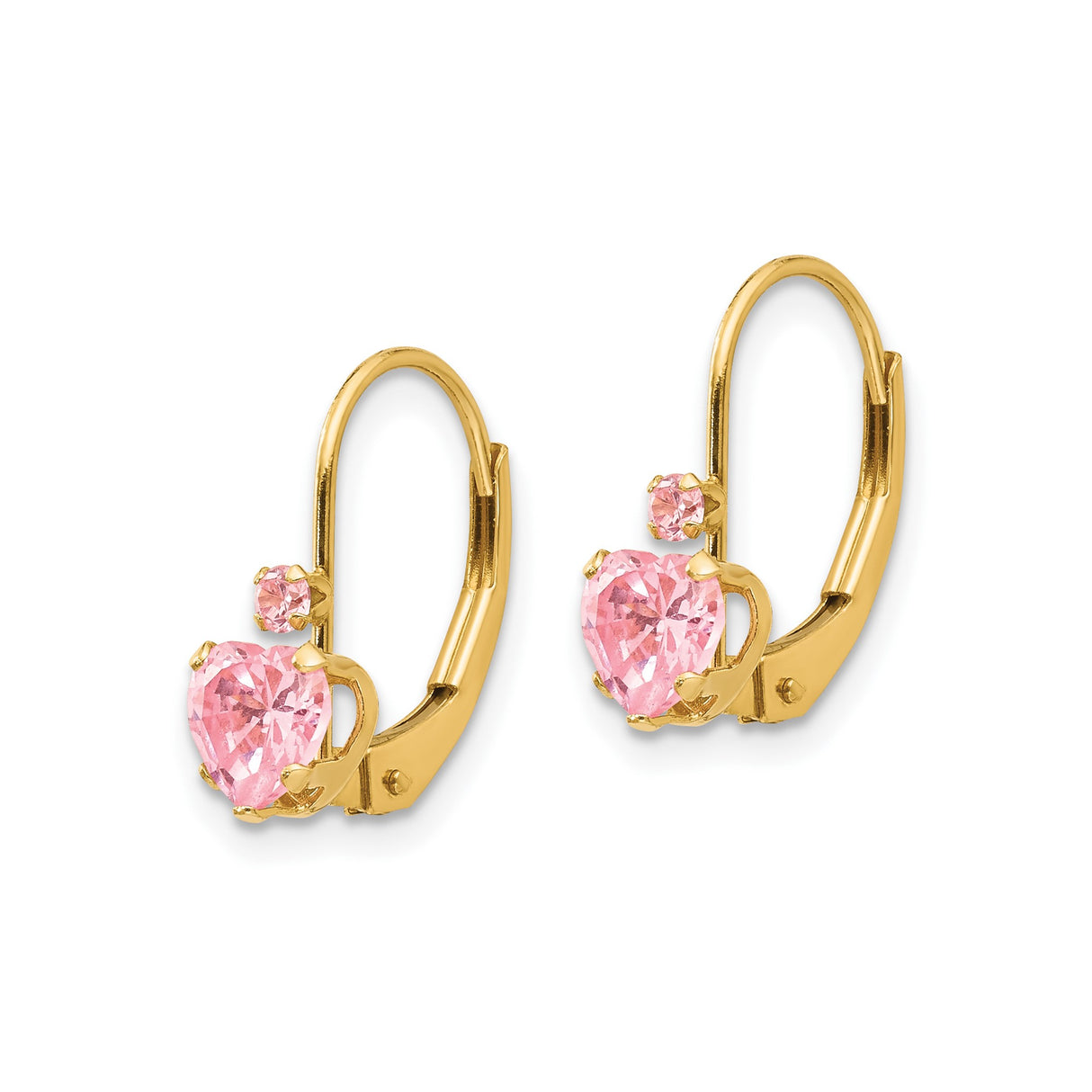 14k Yellow Gold Leverback Earrings with Heart-Shaped Pink Cubic Zirconia and Round Accents