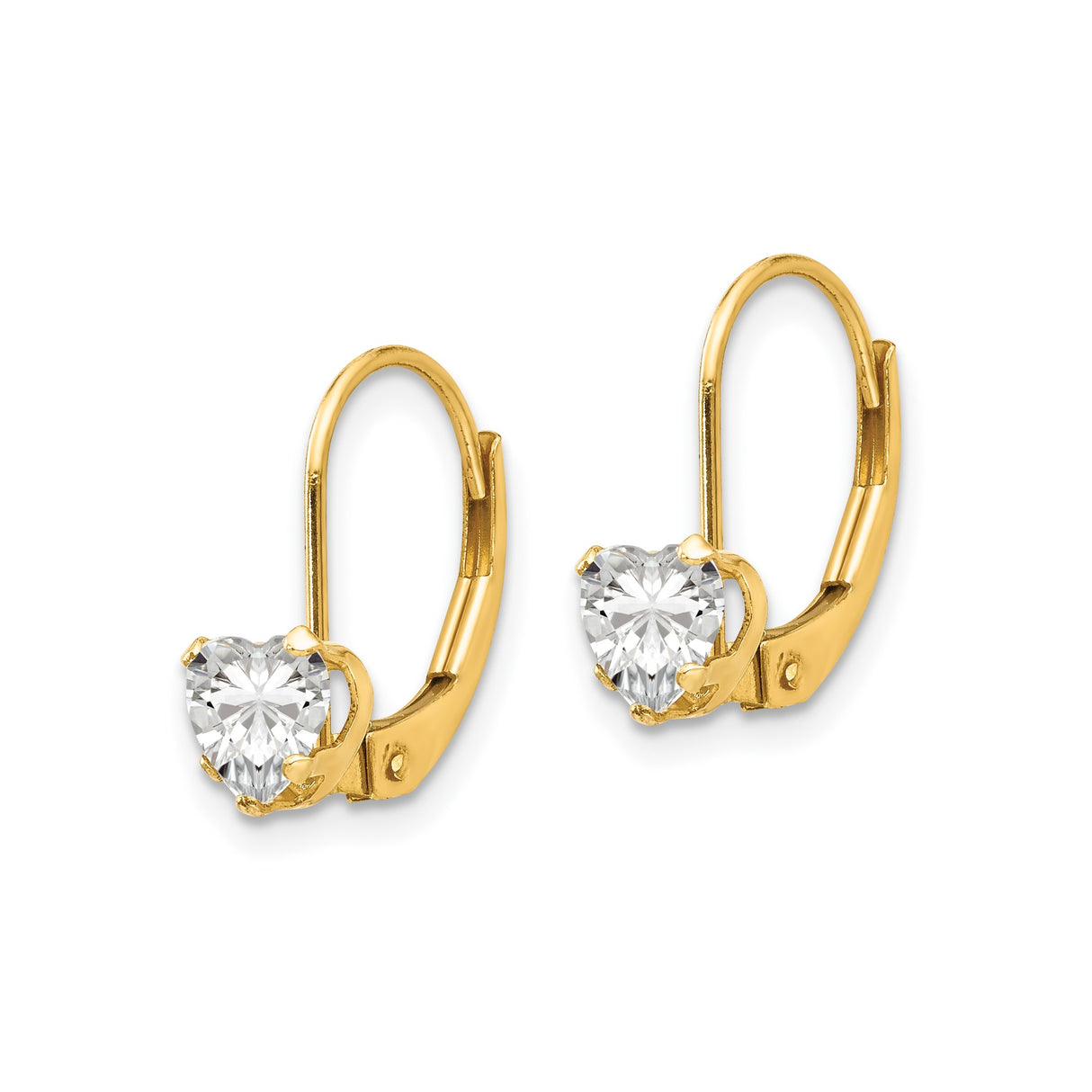 14k Yellow Gold Leverback Earrings with Heart Shaped Cubic Zirconia, Romantic Jewelry for Women