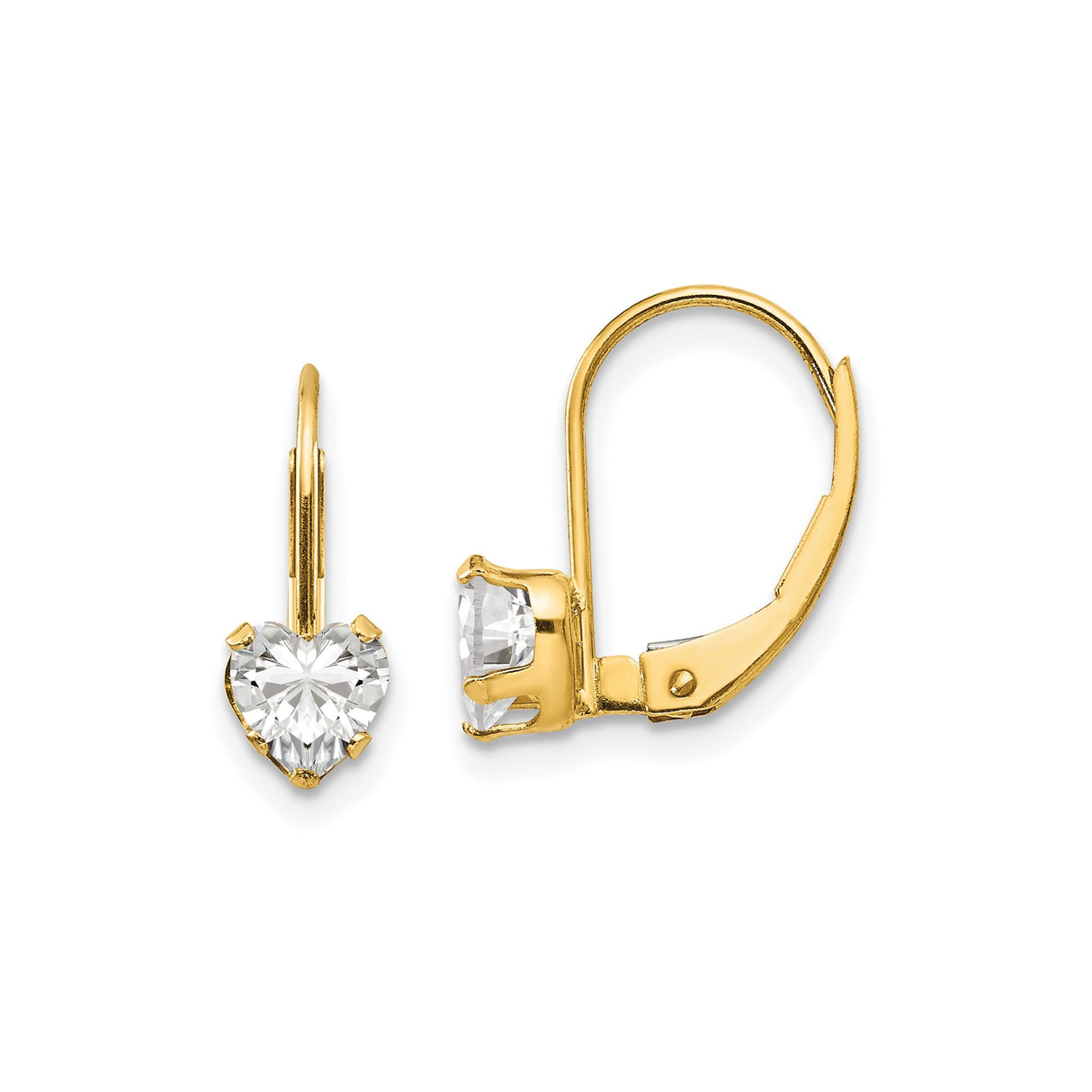 14k Yellow Gold Leverback Earrings with Heart Shaped Cubic Zirconia, Romantic Jewelry for Women