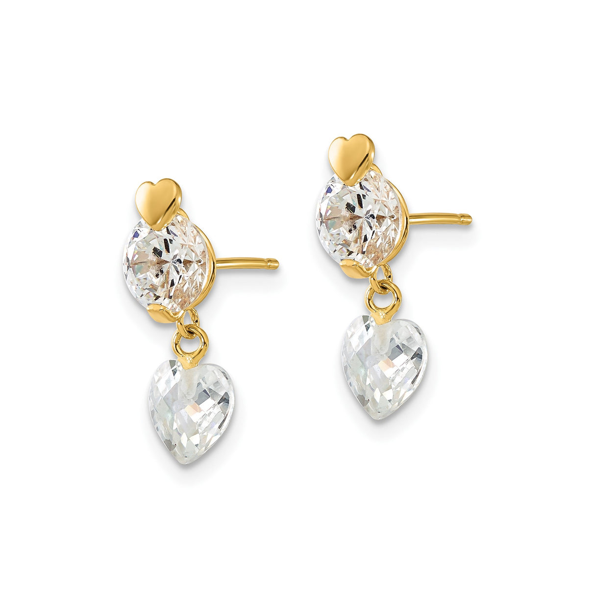 14k Yellow Gold Dangle Stud Earrings with Cubic Zirconia, Heart Drop Accent