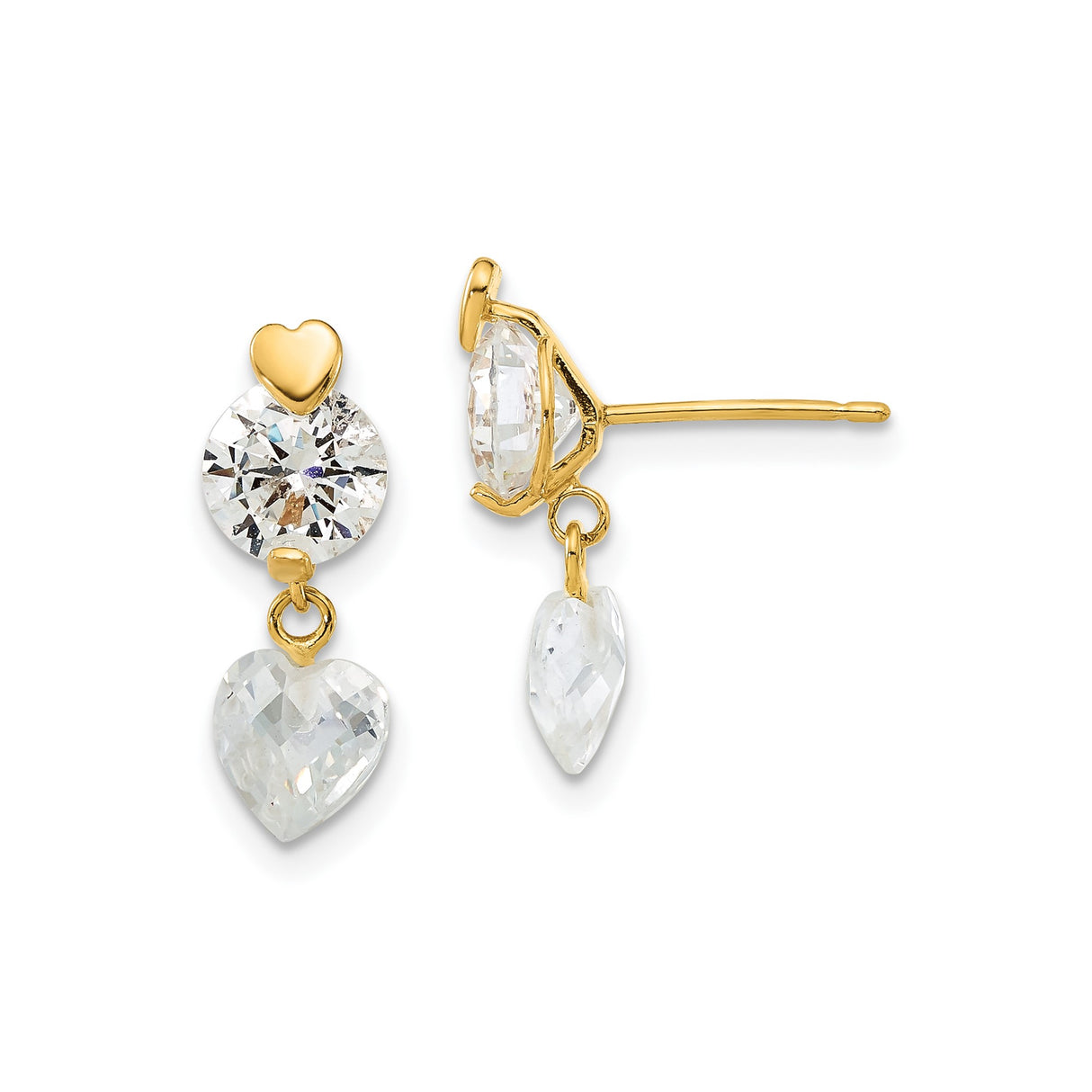 14k Yellow Gold Dangle Stud Earrings with Cubic Zirconia, Heart Drop Accent