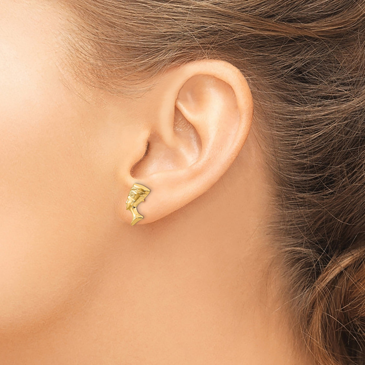 14k Yellow Gold Nefertiti Profile Stud Earrings, Egyptian Queen Motif, Cultural Heritage Jewelry