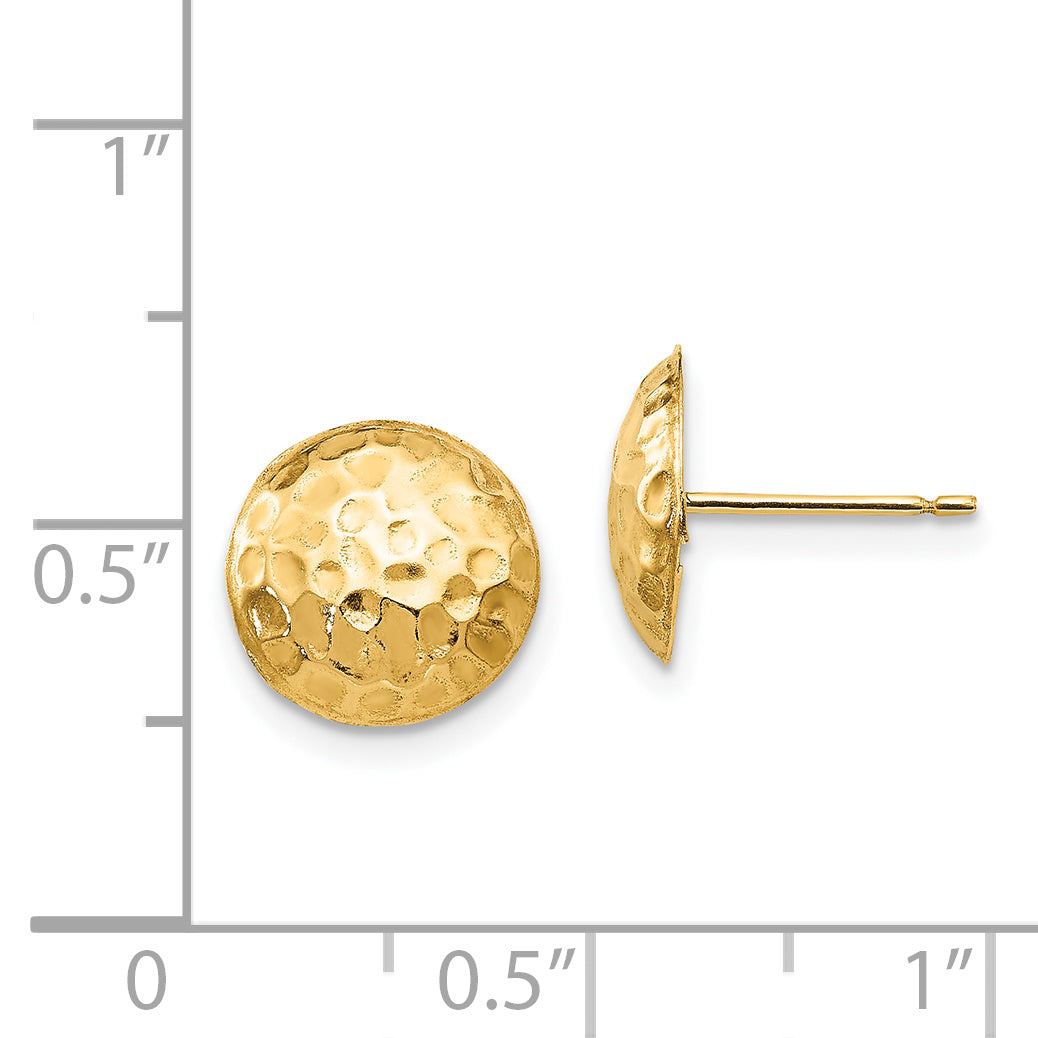 14k Yellow Gold Disc Stud Earrings, Hammered Texture Domed Design, Minimalist Artisan Style