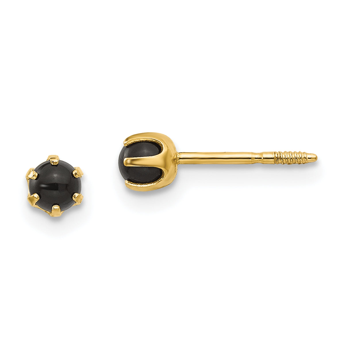 14k Yellow Gold Stud Earrings with Black Onyx in Six Prong Setting, Unisex Minimal Style