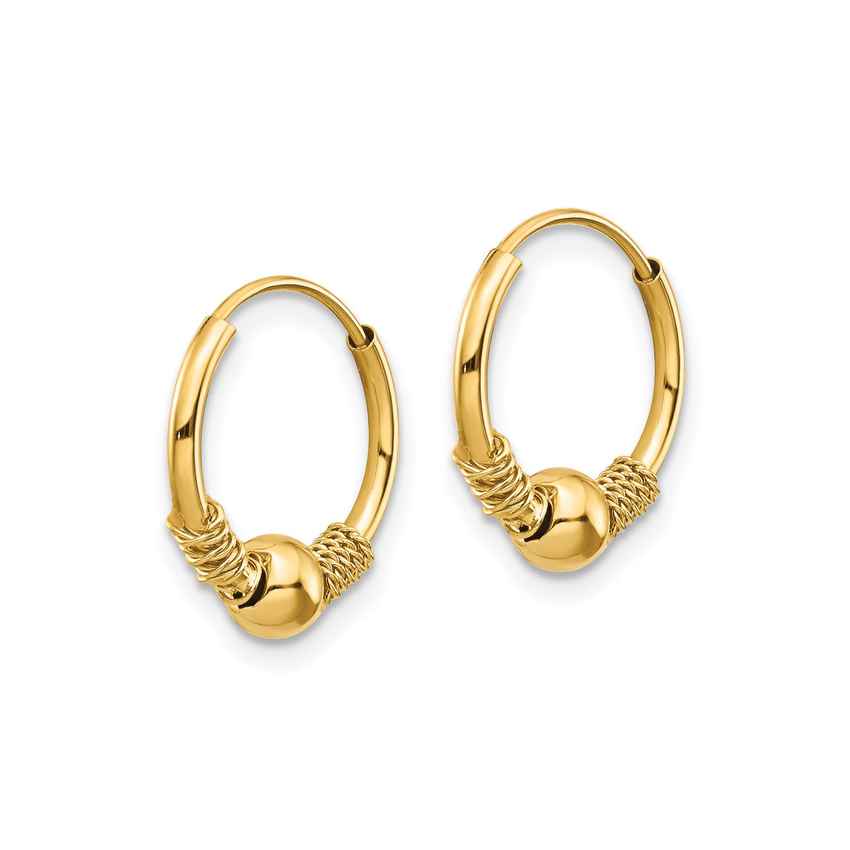 14k Yellow Gold Hoop Earrings with Polished Bead and Coiled Wire, Bali Boho Style