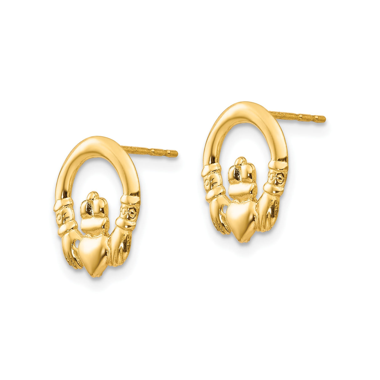 14k Yellow Gold Claddagh Stud Earrings with Heart, Hands, and Crown Celtic Symbol