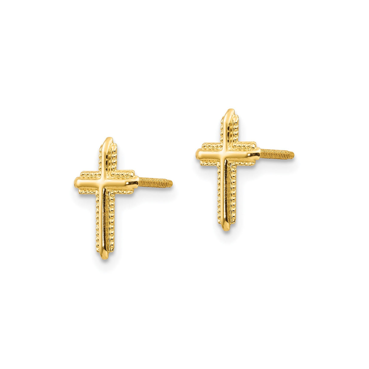 14k Yellow Gold Cross Pendant with Polished Beaded Edging, Minimalist Religious Design